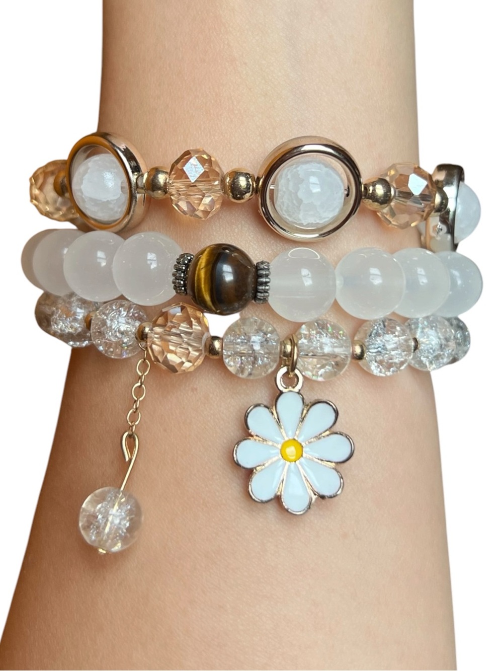 Tiger Eye with Daisy Charm Beaded 3 Pieces Stretch Bracelet Set NWOT